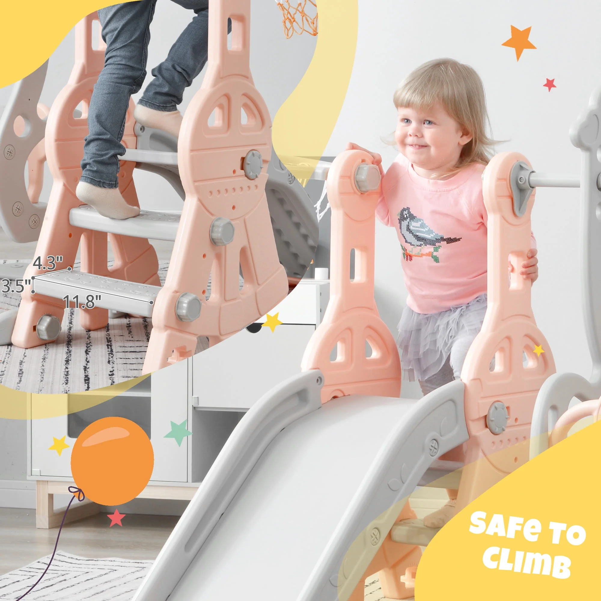 Toddler Slide and Swing Set 3 in 1, Kids Playground Climber Swing Playset with Basketball Hoops Freestanding Combination Indoor & Outdoor