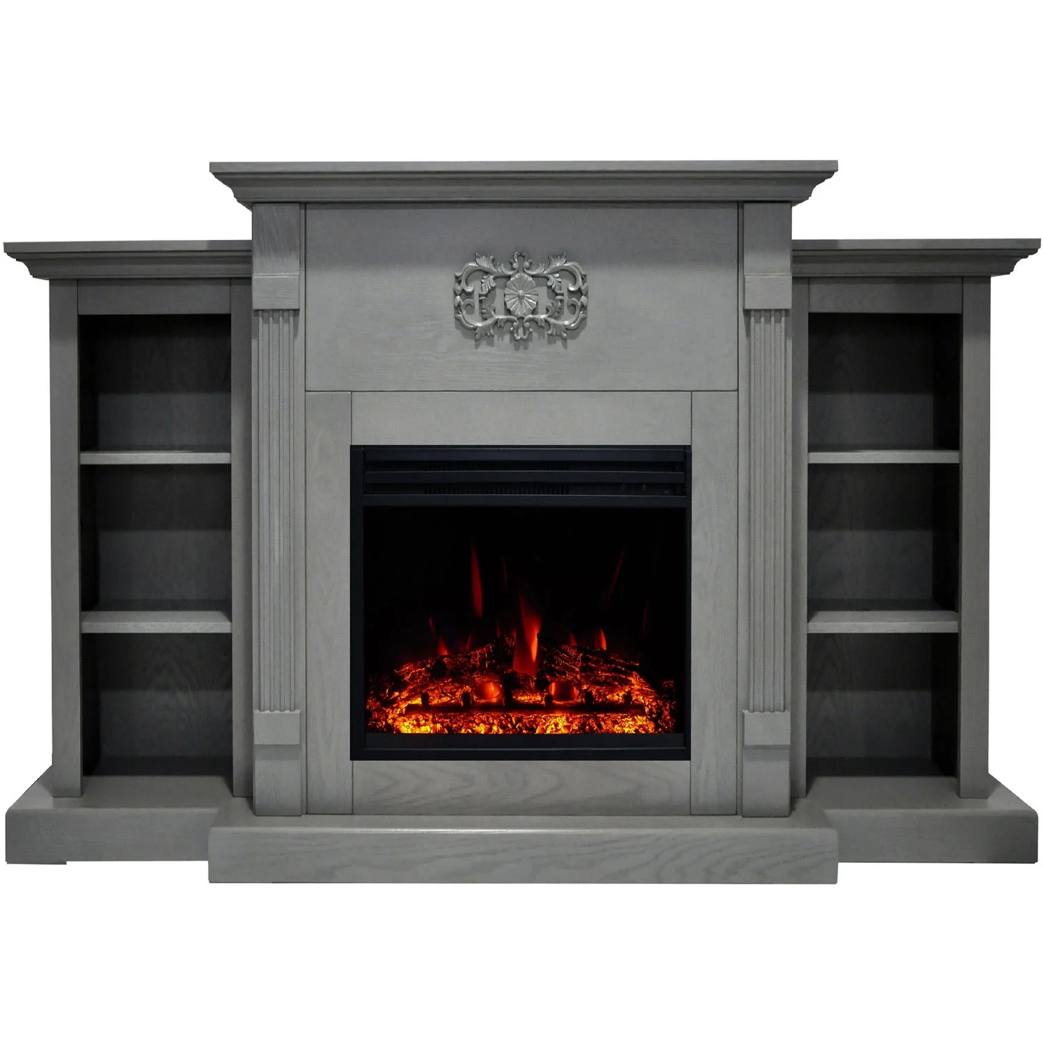 Cambridge Sanoma Electric Fireplace Heater with 72" Gray Mantel, Bookshelves, Enhanced Log Display, Multi-Color Flames, and Remote