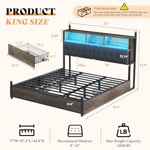 AMERLIFE Full Size Bed Frame with Bookcase Headboard, 4 Storage Drawers, Wooden Platform Bed with Charging Station & LED Light, No Box Spring Needed