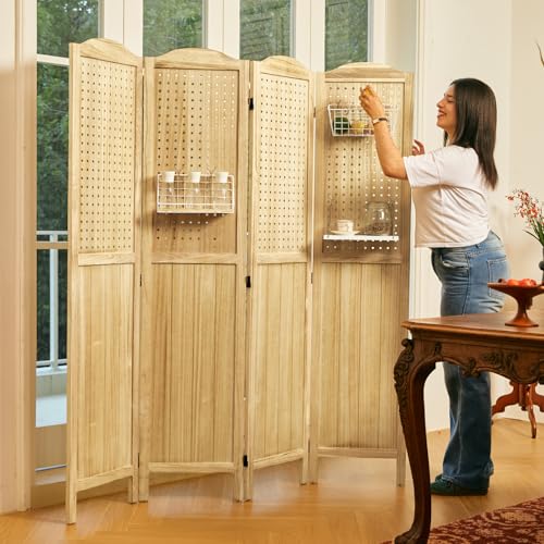 Pegboard Display, 5.6Ft Wooden Room Divider Folding Privacy Screens Portable Freestanding Wall Organizer for Retail Craft Art Display Board (4panels