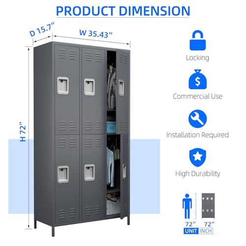 6 Door Metal Storage Locker 18 Hooks,Metal Locker for Employees with Lock for School Garage Office Gym Bedroom,Assembly Required