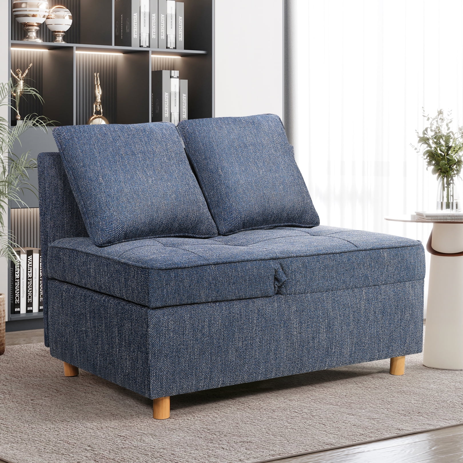 Linen Sofa Beds Chair, 4 in 1 Convertible Chair Sleeper Bed with 5 Adjustable Backrest and 2 Pillows, Blue