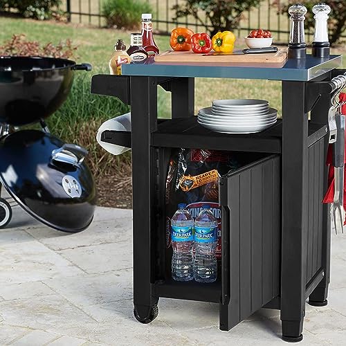 Keter Outdoor Rolling Table Cart for Food Prep, Storage, Bar & Grill, Dark Brown - Portable Kitchen Island Tabletop with Wheels for Drinks, Snacks