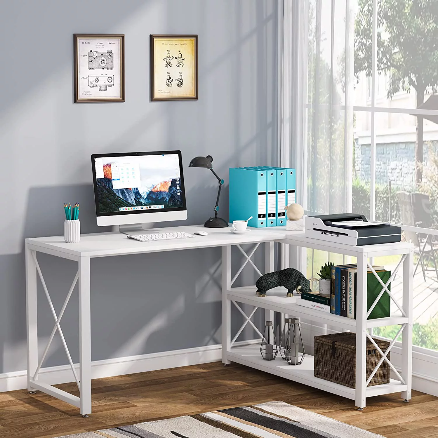 Tribesigns 59" Working Gaming Table, Reversible Computer PC Desk with 2 Shelves for Home Office, White