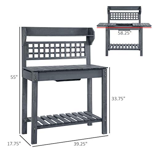 Outsunny Outdoor Potting Bench Table, Wooden Workstation with Sliding Tabletop, Storage Shelf and Dry Sink, for Greenhouse, Garden, Patio, Brown