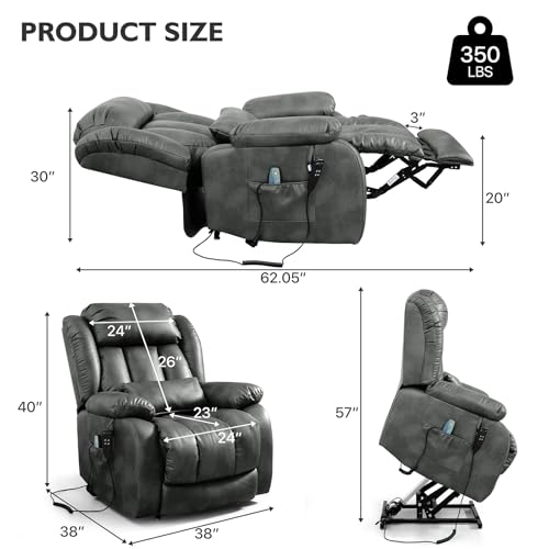 EDILLY Large Genuine Leather Power Lift Recliner Chairs for Elderly, Dual Motor with Massage and Heating,Double Lumbar Cushion and Extended Footrest