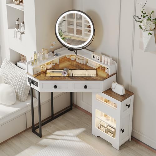 Corner Vanity Desk with Mirror and Lights, Modern Makeup Vanity with Charging Station & Human Sensor Light