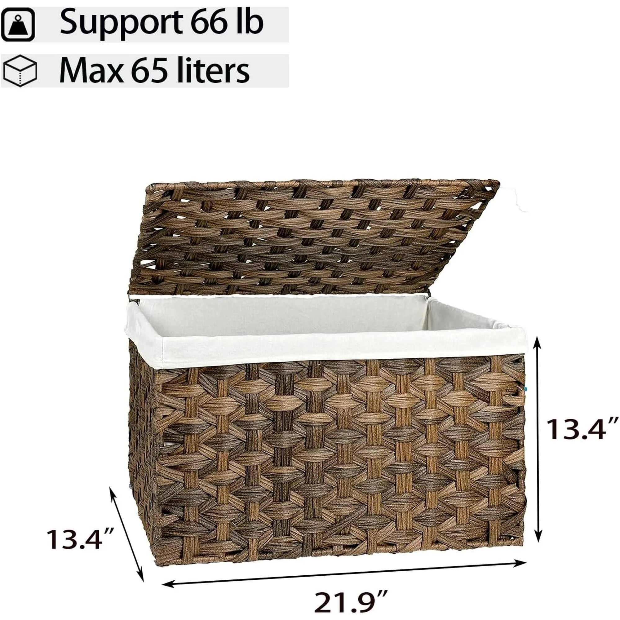 Wicker Storage Basket with Lid, 17.2 Gallon (65L) Small Blanket Basket with Lid, Woven Storage Bin with Handles, Removable Liner, Metal Frame