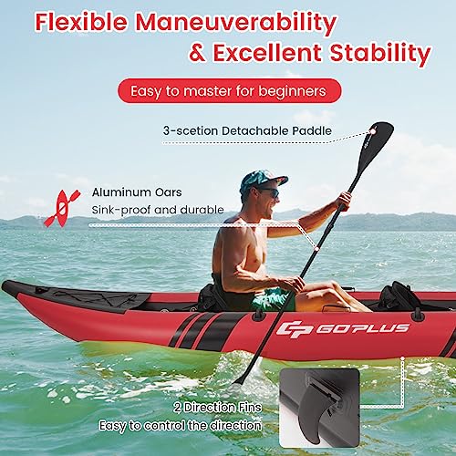 Goplus Inflatable Kayak, 2-person Kayak Set for Adults with 507 LBS Weight Capacity, 2 Aluminium Oars, EVA Padded Seat, 2 Fins, Hand Pump, Carry Bag