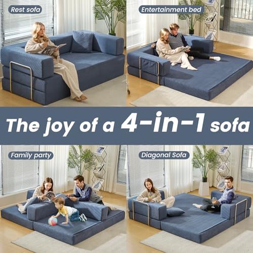 Convertible Sleeper Sofa Bed No Assembly Corduroy Upholstered Green Modular Floor Couch Queen/King Size Foldable Futon with Memory Foam for Apartment