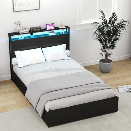 Full Size Bed Frame with Headboard, LED Platform Bed with 4 Storage Drawers, Built in Charging Station, Noise-Free, Metal Support Base