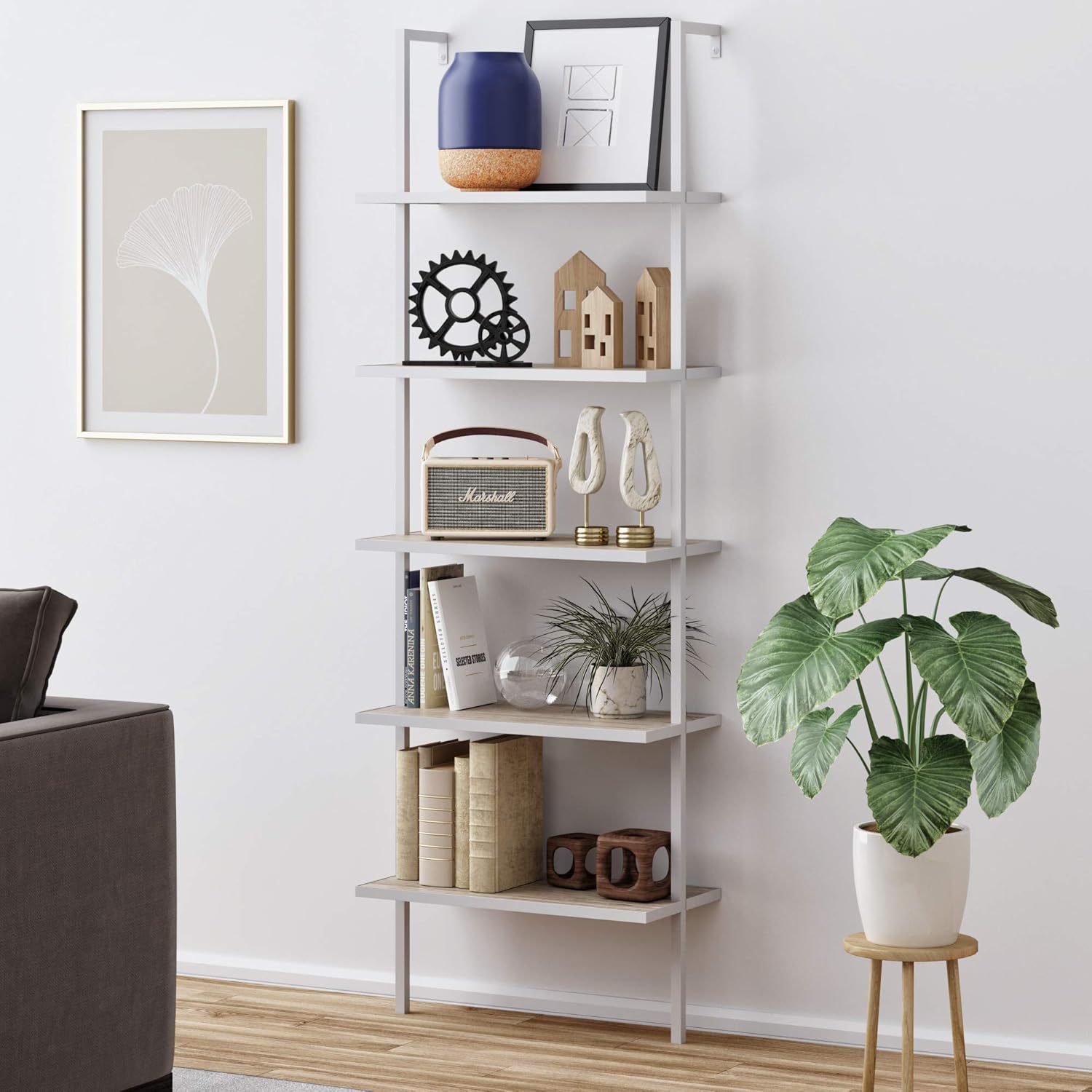 Nathan James Theo 5-Shelf Modern Bookcase, Open Wall Mount Ladder Bookshelf with Industrial Metal Frame, White/Gold