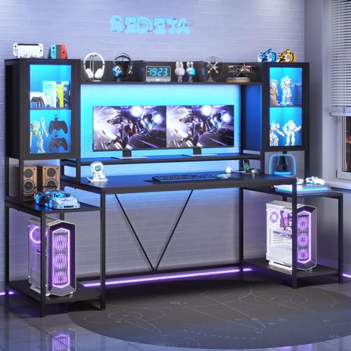 SEDETA Gaming Desk 74.8'' with LED Lights, Hutch and Storage Shelves, Computer Desk with Monitor Stand, Large PC Gamer Desk Workstation
