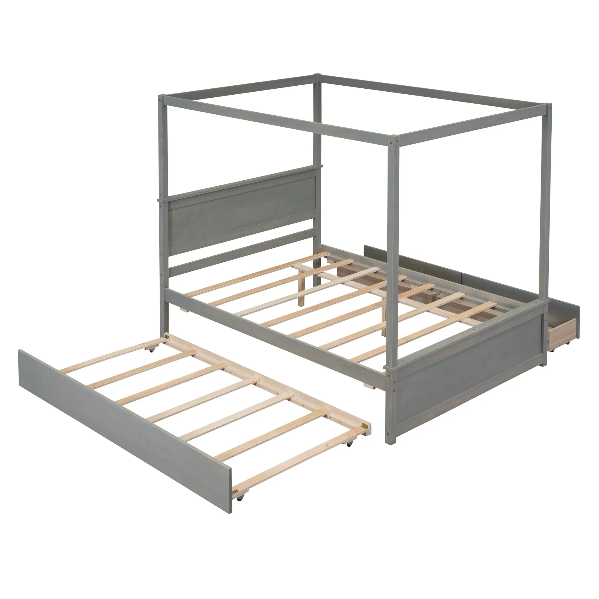 Churanty Full Size Canopy Bed Frame with Trundle and 2 Storage Drawers,Wood Full Platform Bed with Headboard,Gray