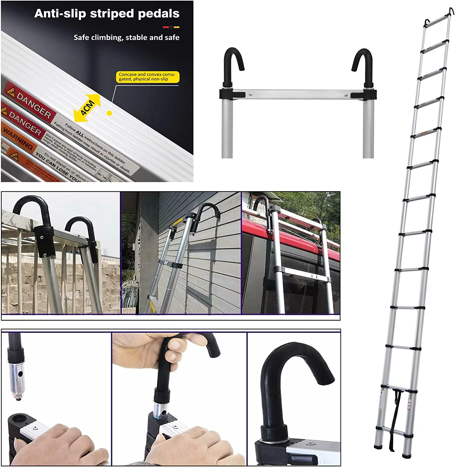 Telescoping Ladder 16FT Aluminum Telescopic Ladder with 2 Detachable Roof Hooks, Roof Ladder Extension Collapsible Ladder for RV
