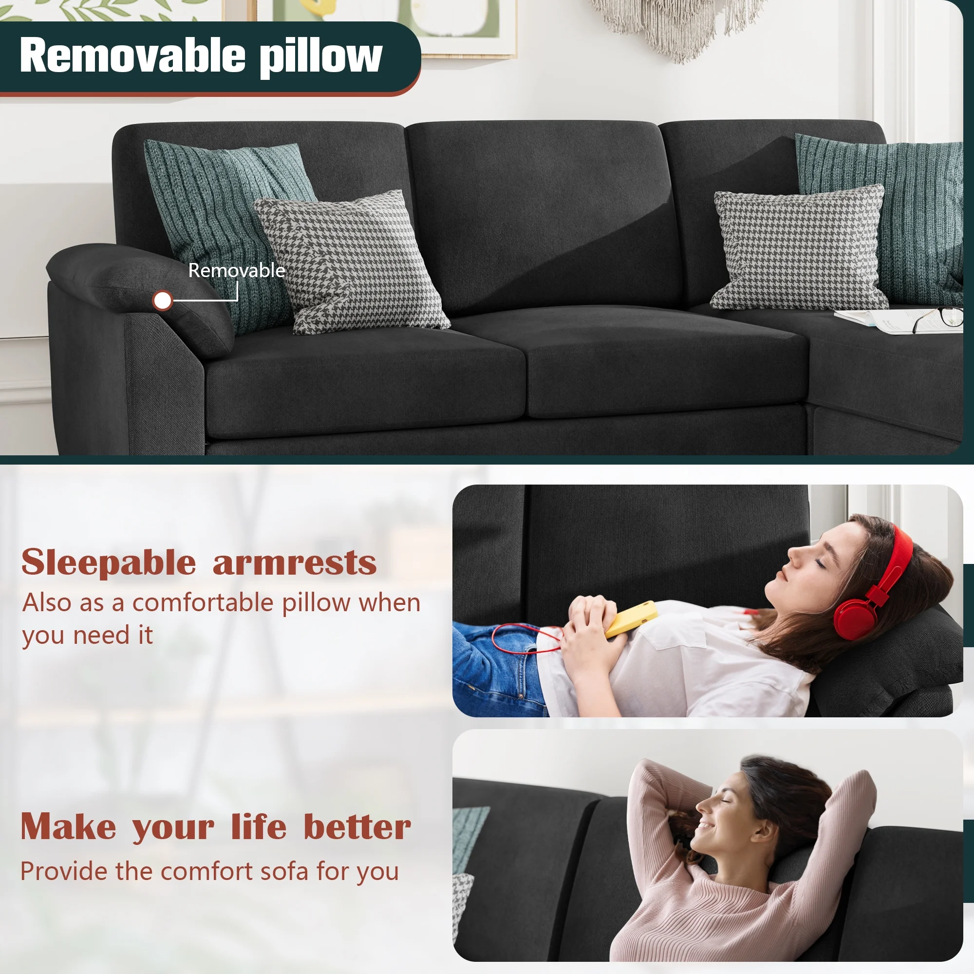 Walsunny 79 Convertible Sectional Sofa Couch,Linen Fabric L Shaped Sofa with Removable Pillows Dark Gray