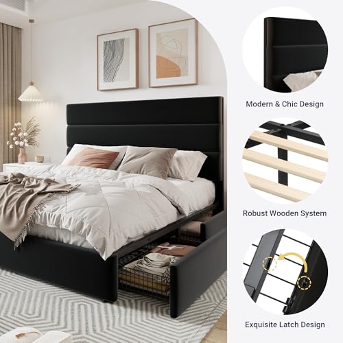 Allewie Modern Full Size Platform Bed Frame with 4 Storage Drawers and Velvet Upholstered Headboard, Wooden Slats Support