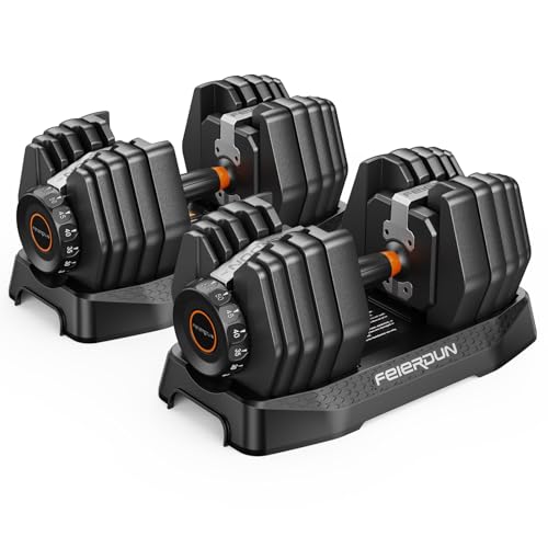 FEIERDUN Adjustable Dumbbell Set, 5-52.5lb Free Weight Dumbbells, 15 in 1, Quick Adjust Weight Set with Non-slip Handles and Tray