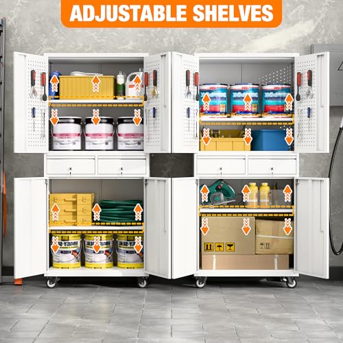 Aobabo 71" H×32" W×16" D Metal Storage Cabinet with Wheels, Garage Steel Storage Cabinet with 5 Adjustable Shelves and 4 Hooks for Home Office