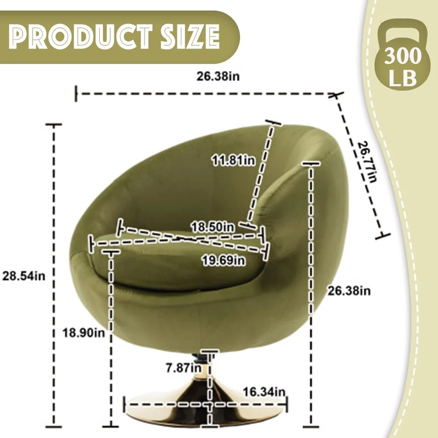 Modern Swivel Barrel Chair, Green Velvet Round Accent Chair, 360 Swivel Cuddle Vanity Chair, Upholstered Arm Chair for Living Room, Bedroom, Hotel