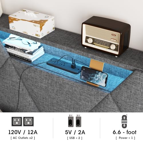Vabches Queen Bed Frame with Storage Headboard and 4 Drawers,Upholstered Platform with Charging Station and Led Lights,Adjustable Headboard