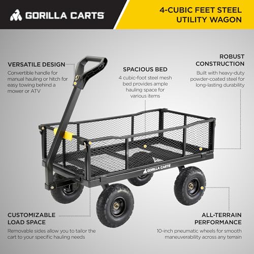 Gorilla Carts Steel Utility Wagon w/Removable Side Panels, 4 Cu Ft, 900 lb Capacity, Black
