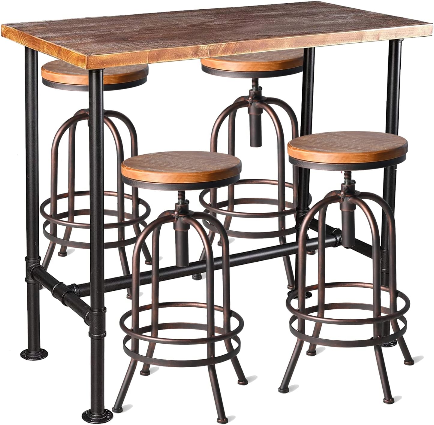 Industrial Pipe Design Bar Table(41.3inch H) and Set of 4 Vintage Bar Stools 26-32inch Height Adjustable Home Kitchen Bar Set for Office Coffee House