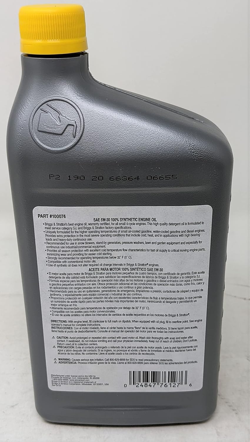 Briggs and Stratton 100074 Quart 5W-30 Synthetic Oil Case of 12 with Fuel Treatment