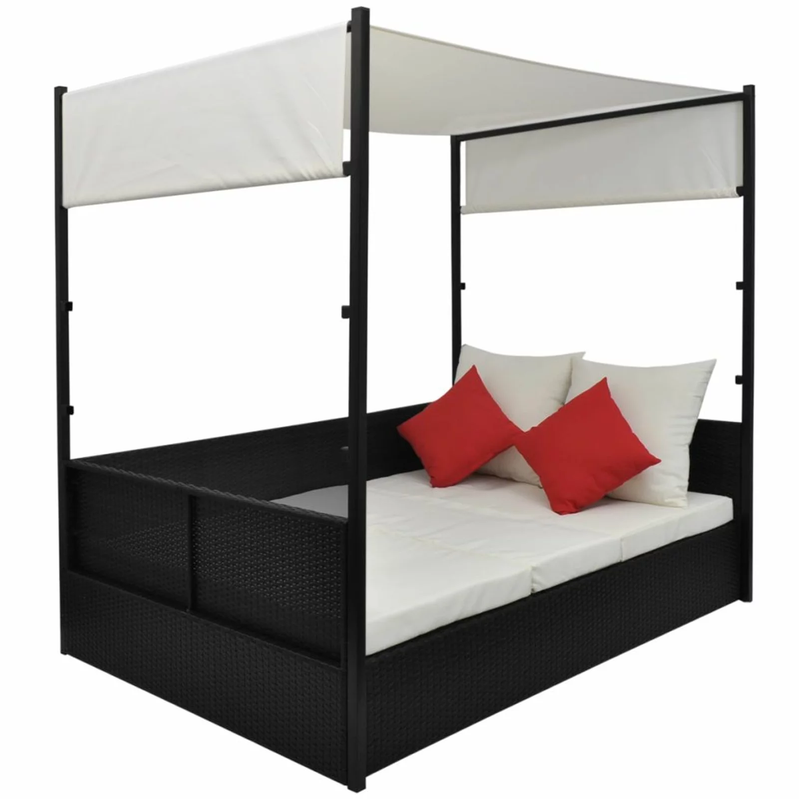 Dcenta 2-Person Sun Lounger with Canopy and Tea Table Outdoor Daybed Black Poly Rattan Double Chaise Lounge Bed for Patio, Garden, Backyard, Poolside