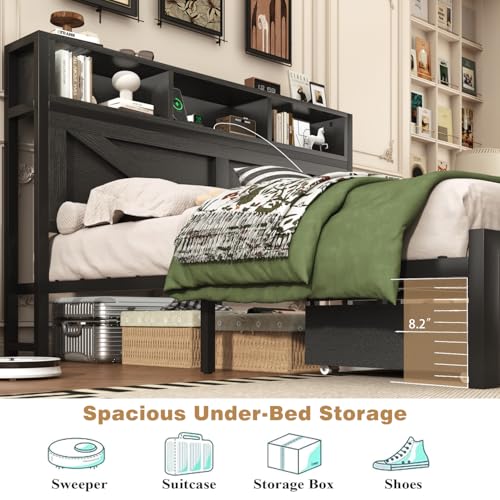 Farmhouse Full Bed Frame with Bookcase Storage Headboard, Charging Station, LED Light and 2 Storage Drawers, Noise Free, No Box Spring Needed, Brown