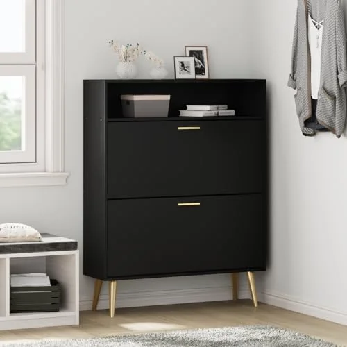 RUNFAYBIU Shoe Cabinet for Entryway Slim  Narrow Shoe Cabinet with 2 Flip Drawers  Black Shoe  Cabinet  Shoe Rack Cabinet for Entryway  Hallway