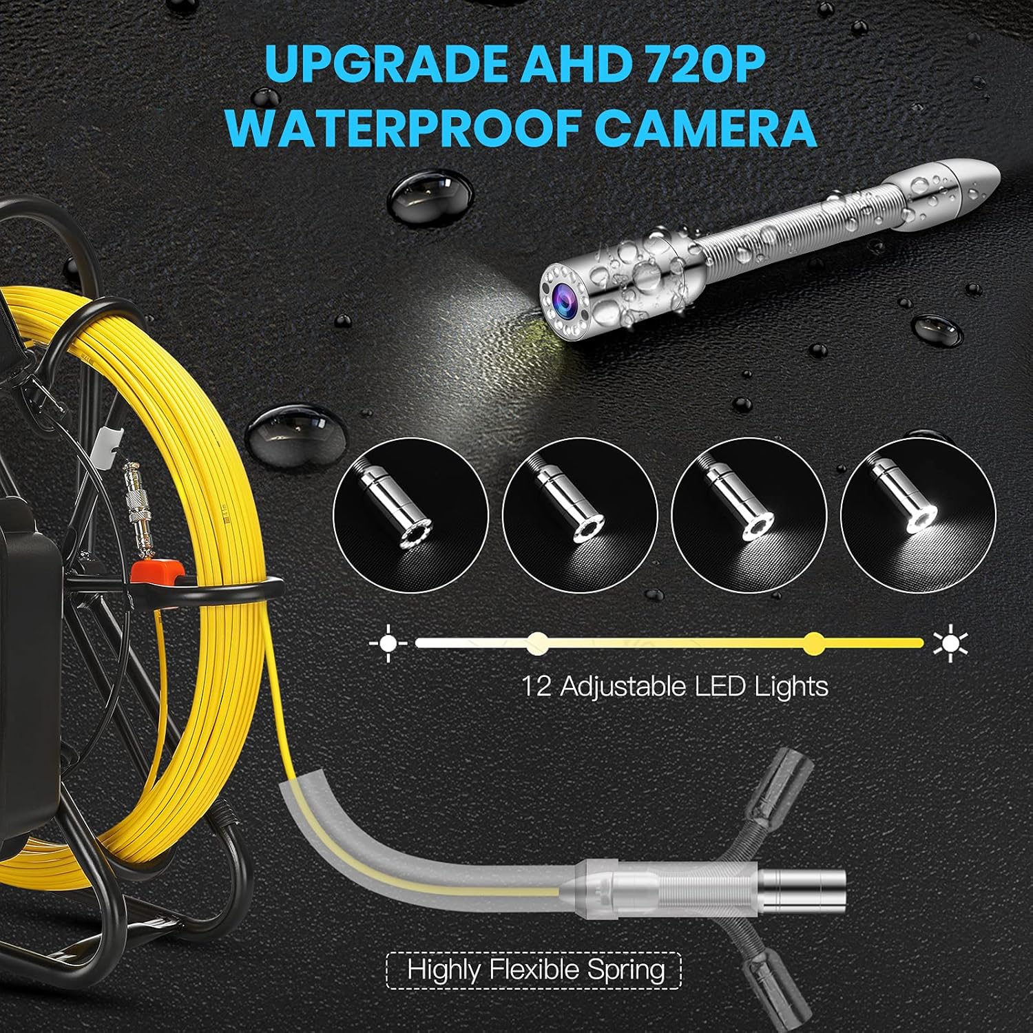 Upgraded 164ft/50m Sewer Camera, 23mm HD 720P Camera with 12pcs LED, 9 LCD Monitor with DVR, Fiberglass Cable, Rechargeable Battery, 8GB TF Card