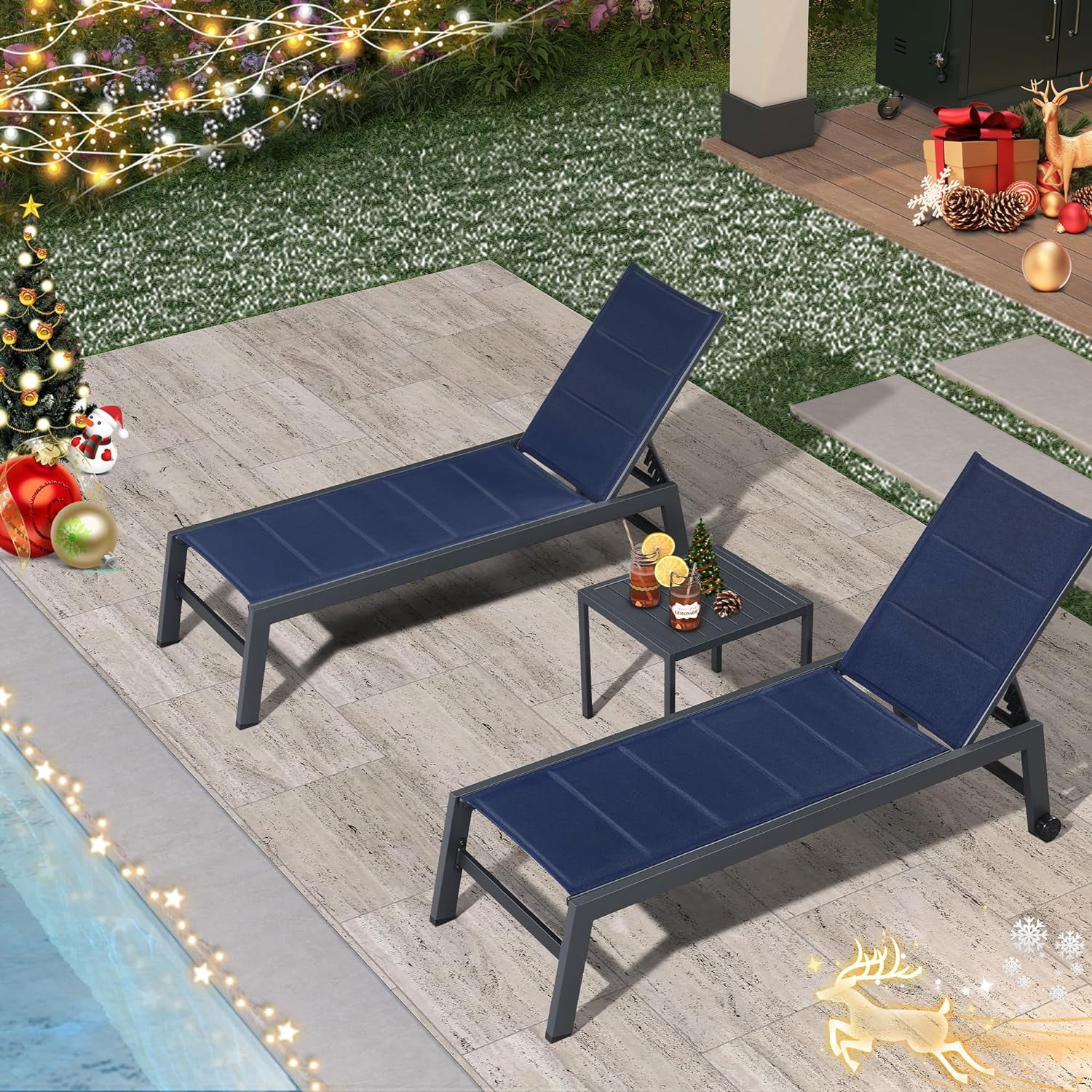 PURPLE LEAF Outdoor Chaise Lounge Set of 3 Aluminum Patio Lounge Chair with Wheels and Side Table Pool Chaise Lounge Chair for Outdoor Backyard