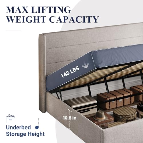 Allewie Full Size Lift Up Storage Bed, Modern Wingback Headboard, Hydraulic Support, No Box Spring Needed, Light Beige