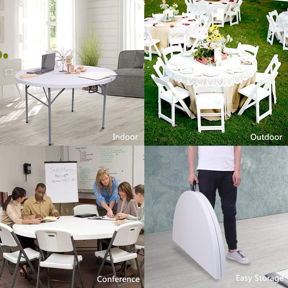 VINGLI 48 Round Bi-Folding Commercial Table, 4 Feet Portable Plastic Dining Card Table for Kitchen or Outdoor Party Wedding Event, White Granite