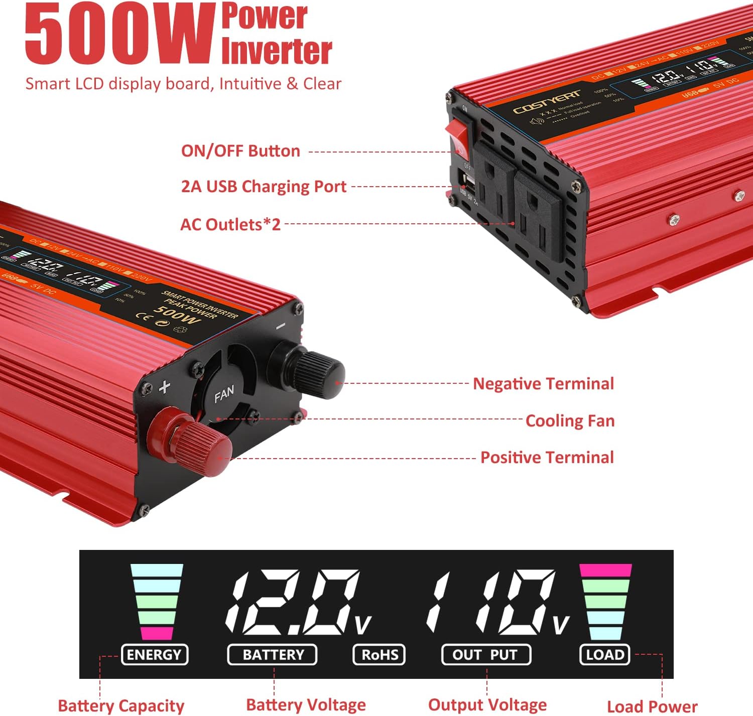 COSTYERT 500W Power Inverter DC 12V to 110V AC Car Inverter with Alligator Battery Clamp, LCD Display, Dual AC Outlets & 2.0A USB Ports Charger, Red