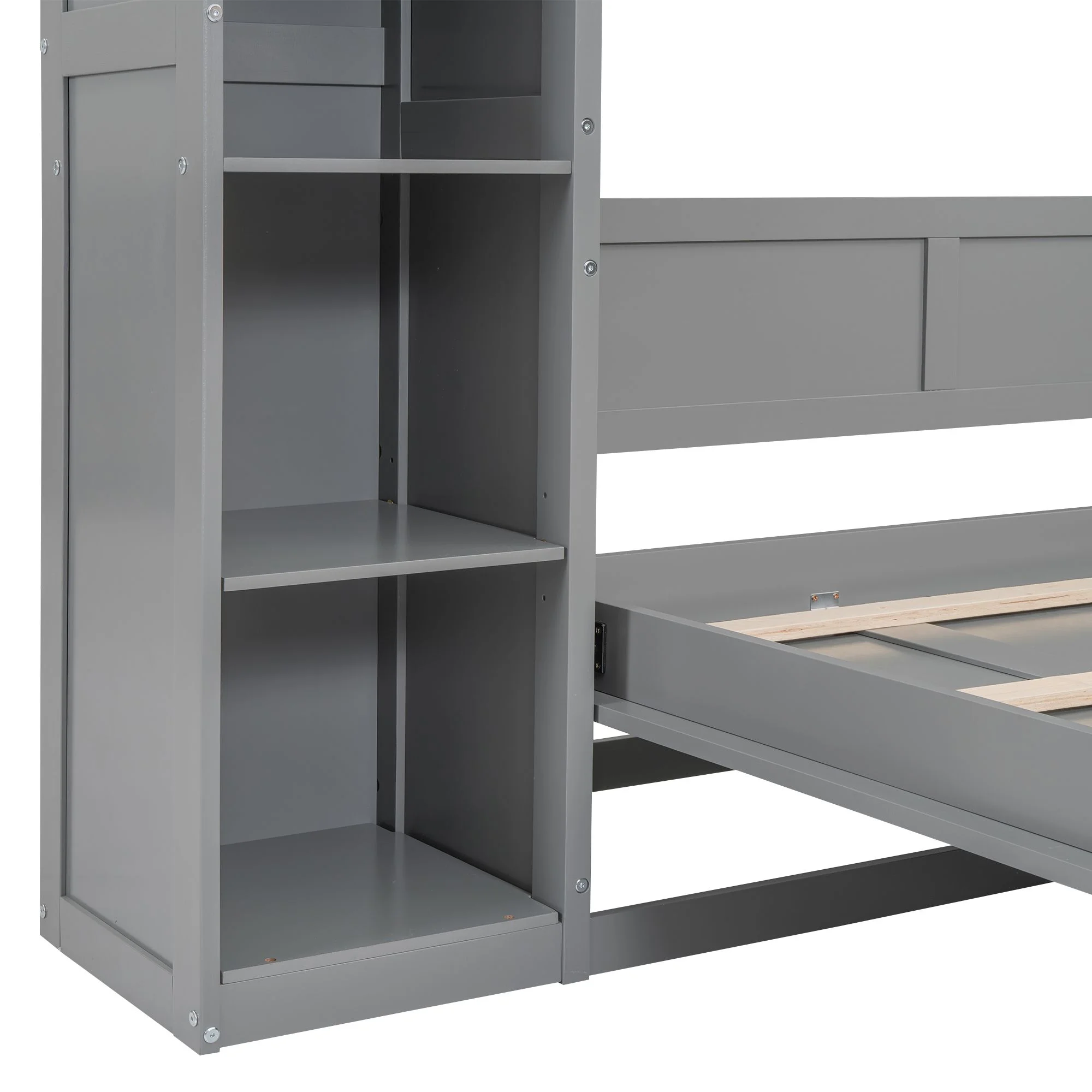 Practical Design Solid Wood Bed Frame Murphy Bed Wall Bed with Shelves and LED Lights, Platform Bed Frame, Mid Century Bedframe, Wood Foundation(Gray