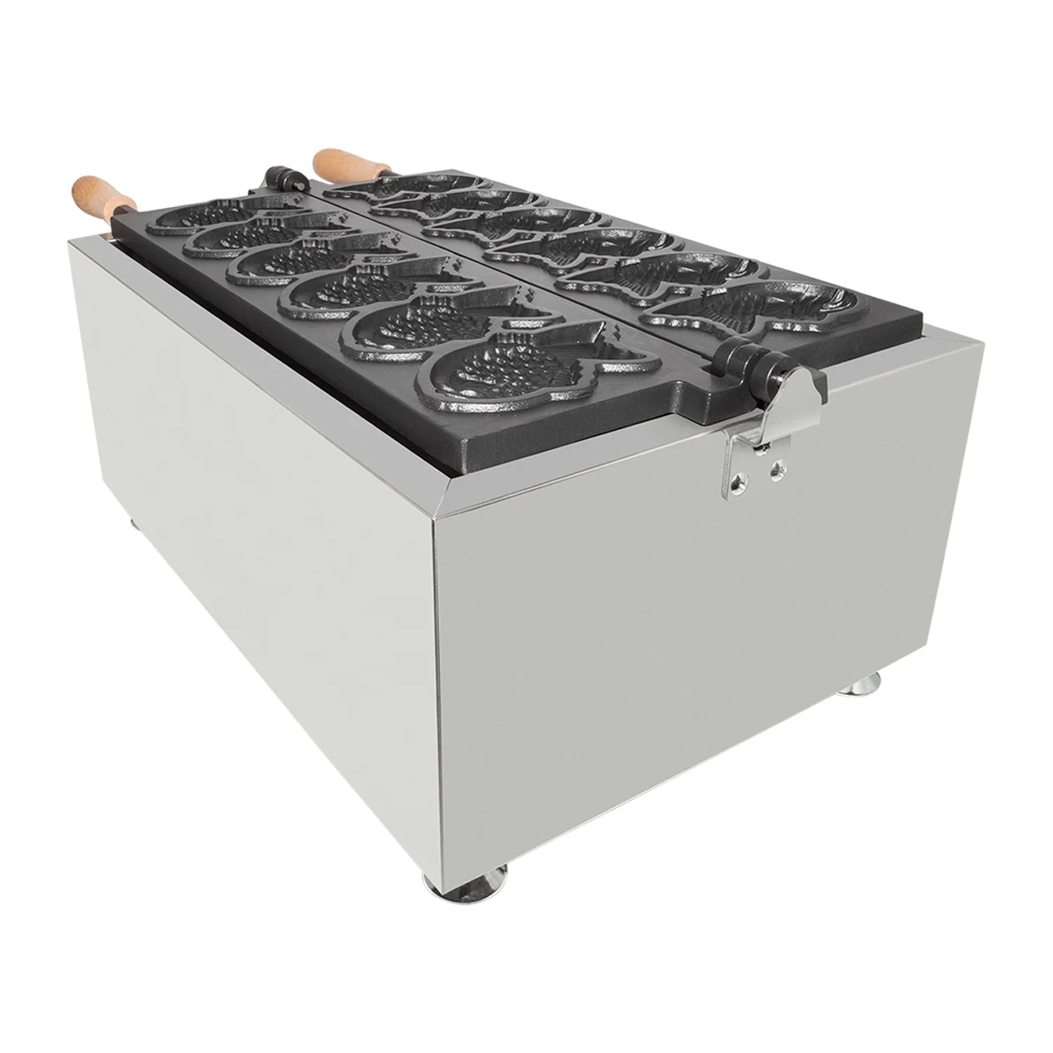 GorillaRock Taiyaki Iron | Electric Taiyaki Machine | 6 Close-Mouth Fish Shaped Waffles | Nonstick Coating | Wooden Handles