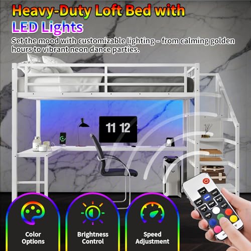 Full Size Metal Loft Bed Heavy-Duty Loft Bed Frame, LED Loft Bed Frame with L Shaped Desk, Wardrobe, Storage Stairs