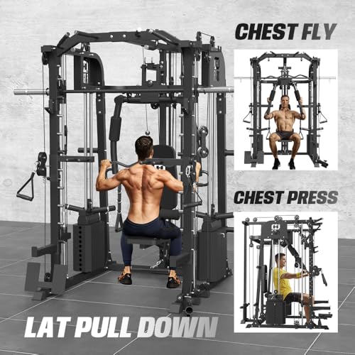Commercial SmithMachine with Smith Bar, Home Gym Station with Dual Weight Stacks, 4000LBS Power Cage Squat Rack with Lever Arm, Leg Press