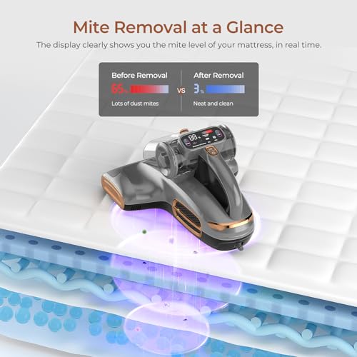 T600 Bed Vacuum Cleaner with UV-C Light, 15Kpa Suction 700W Powerful Double Cup Handheld Vacuums, Mattress Vacuum Cleaner with Smart Dust Sensor