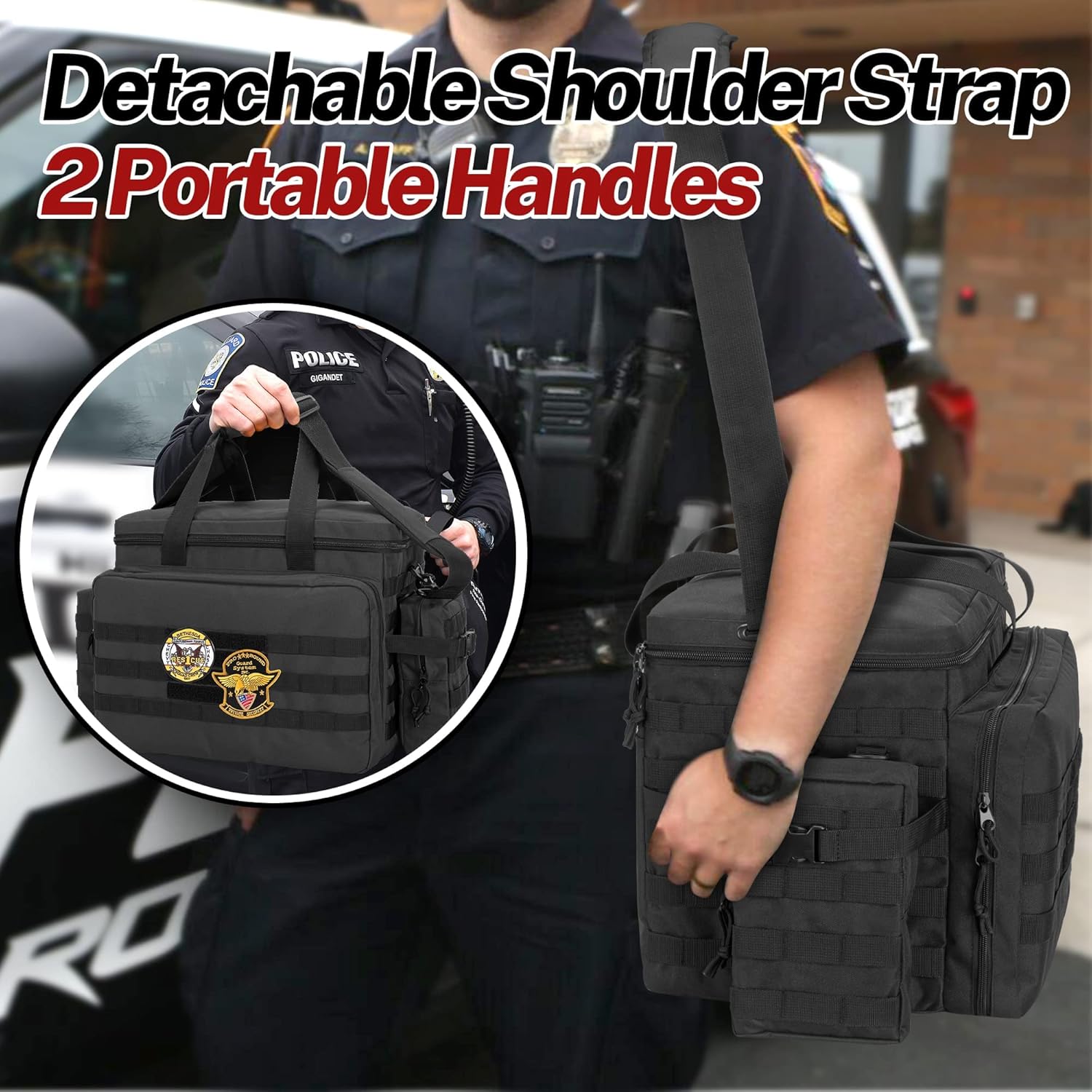 SAMDEW Patrol Bag Law Enforcement, Duty Bag for Police Equipment with 2 Detachable MOLLE Pouches & Laptop Layer (up to 15.6)