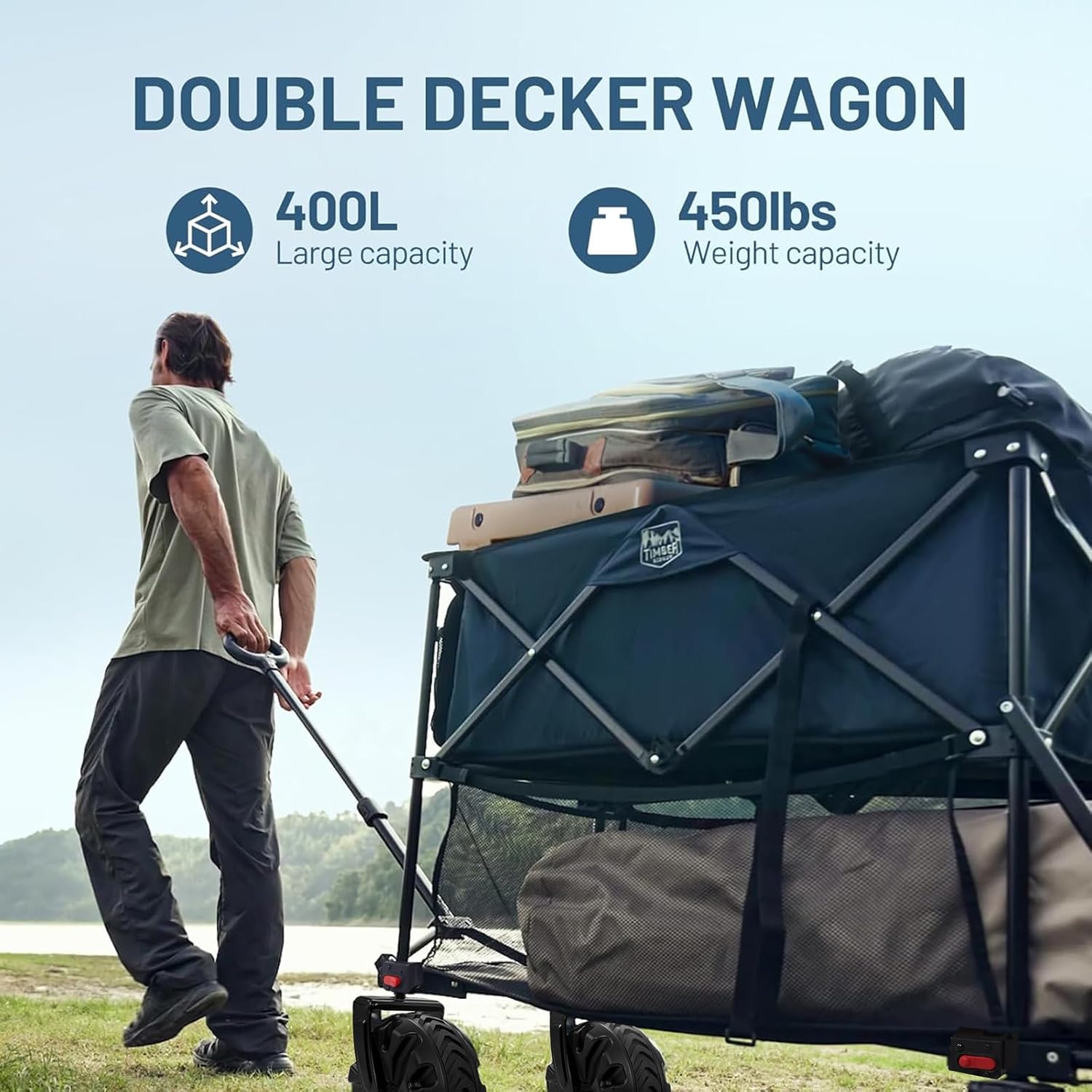TIMBER RIDGE 400L Large Capacity Folding Double Decker Wagon Blue&Oversized Folding Camping Chair High Back Heavy Duty for Adults Support up to 500lbs
