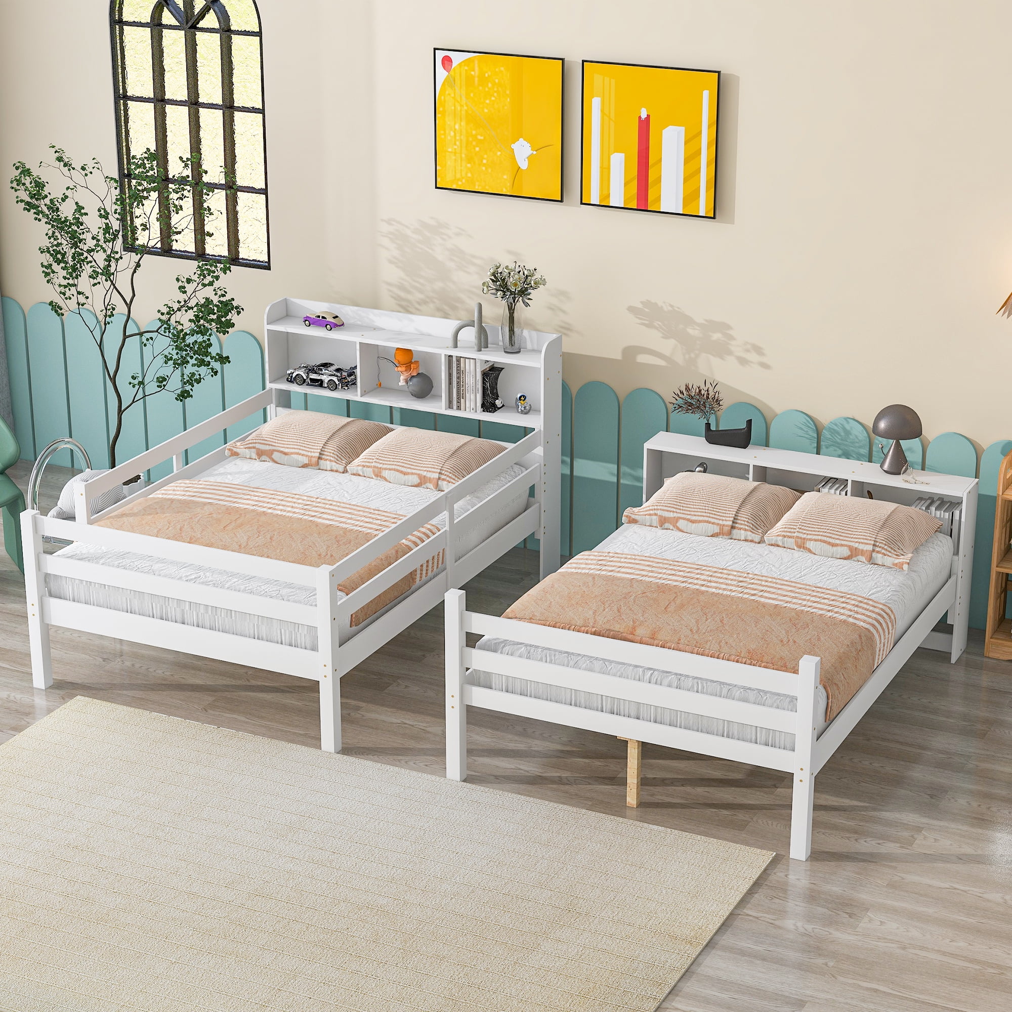 Sanmadrola Full Over Full Bunk Beds with Bookcase Headboard, Solid Wood Bed Frame with Safety Rail and Ladder, Kids/Teens Bedroom