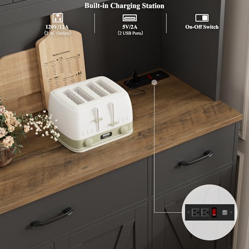 HOSTACK 71" Tall Kitchen Pantry Storage Cabinet with Charging Station, 55" Wide Kitchen Hutch Cabinet with Large Countertop