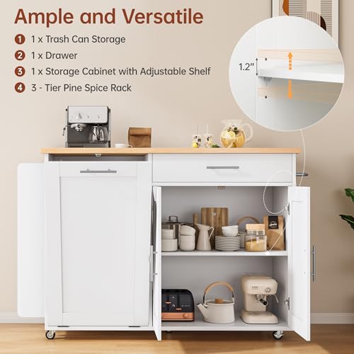 Kitchen Island with Storage, 31.5" D Rolling Kitchen Island Cart on Wheels with Widen Drop Leaf Rubberwood Top