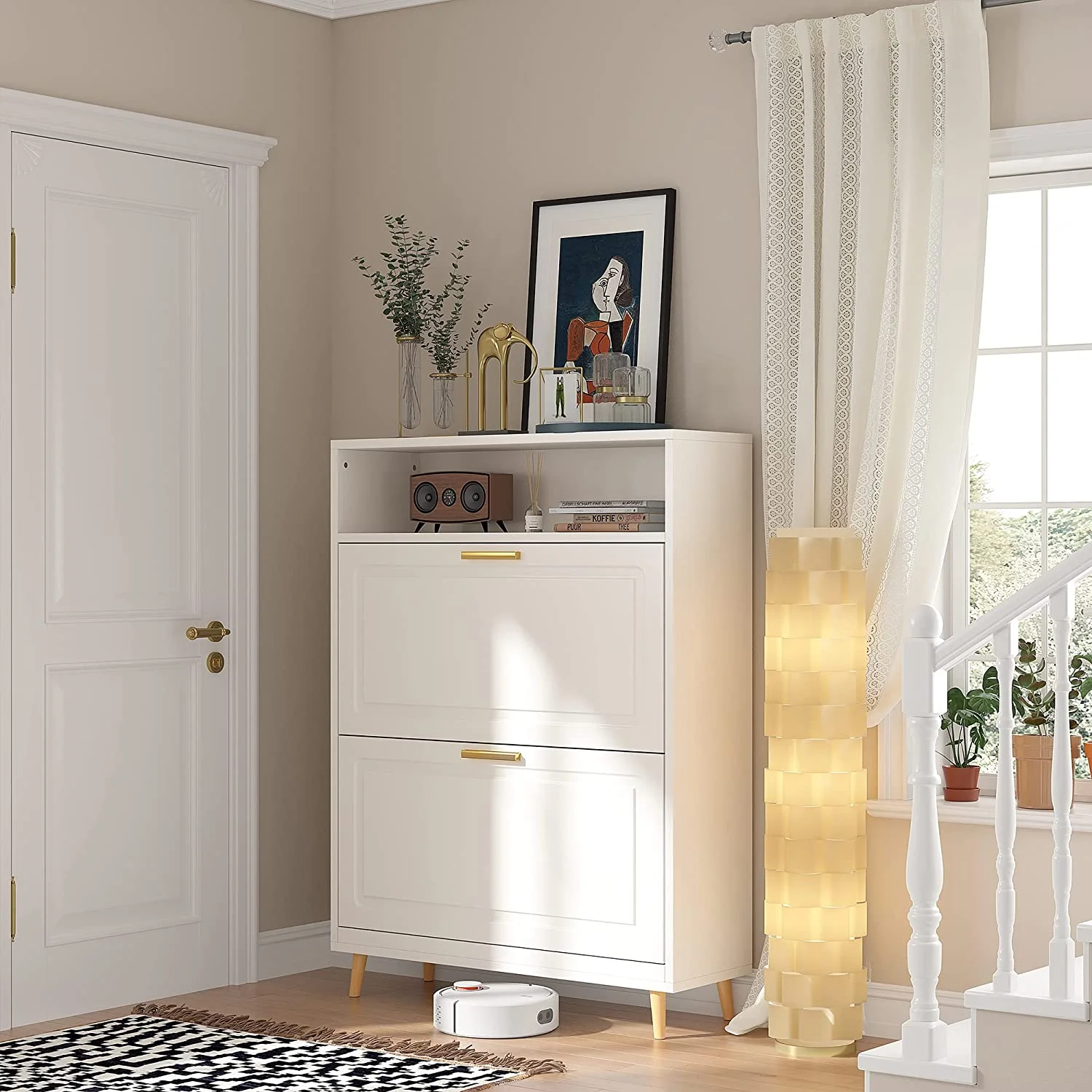 Shoe Cabinet for Entryway Slim Entryway Shoe Storage Cabinet with 2 Flip Drawers Size up to Men's 13 White Narrow Shoe Cabinet Freestanding Hidden