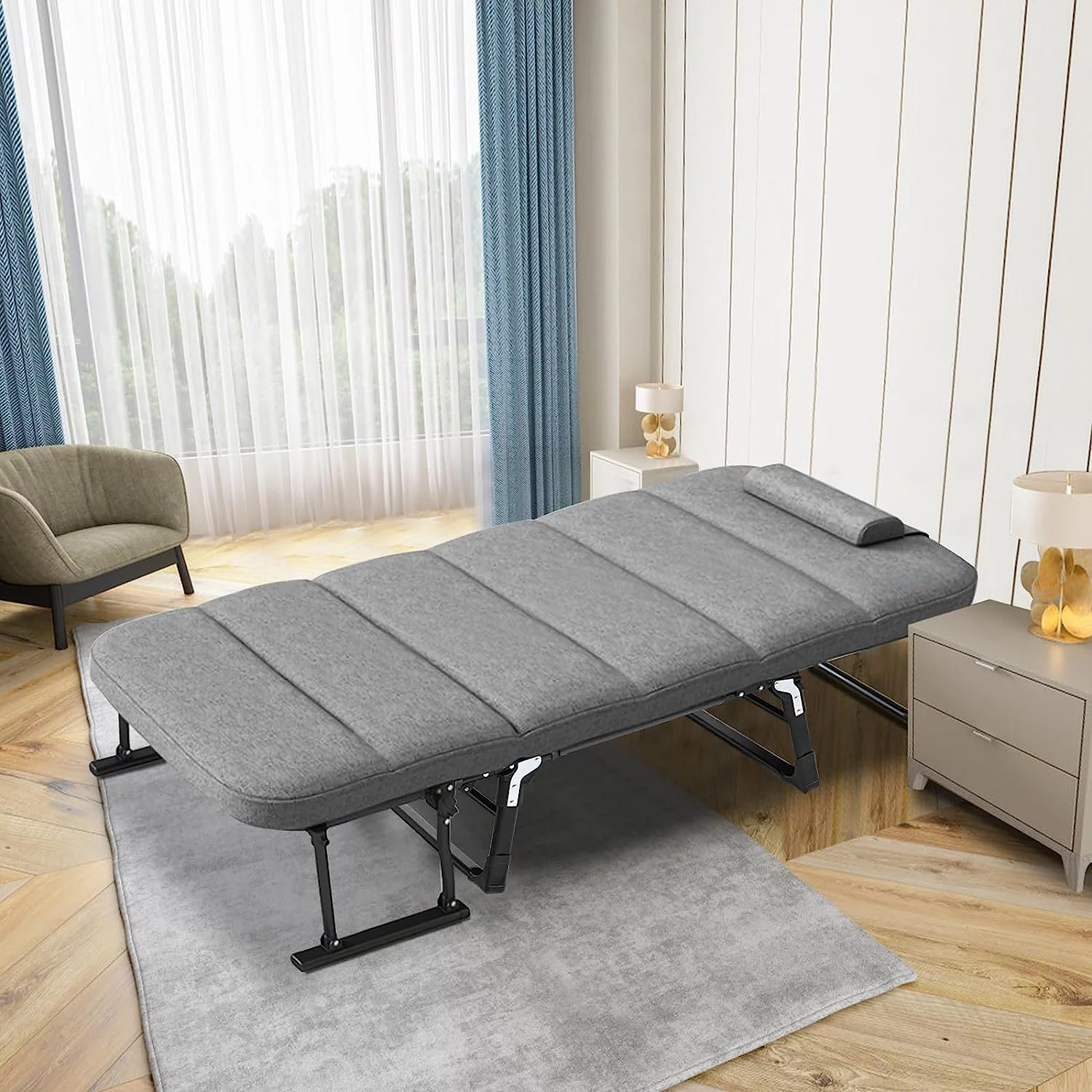 Slsy 3 in 1 Folding Sofa Bed, Portable Folding Bed with Mattress & Pillow, 6 Position Adjustable Convertible Chair, Rollaway Guest Bed Fold Out Bed