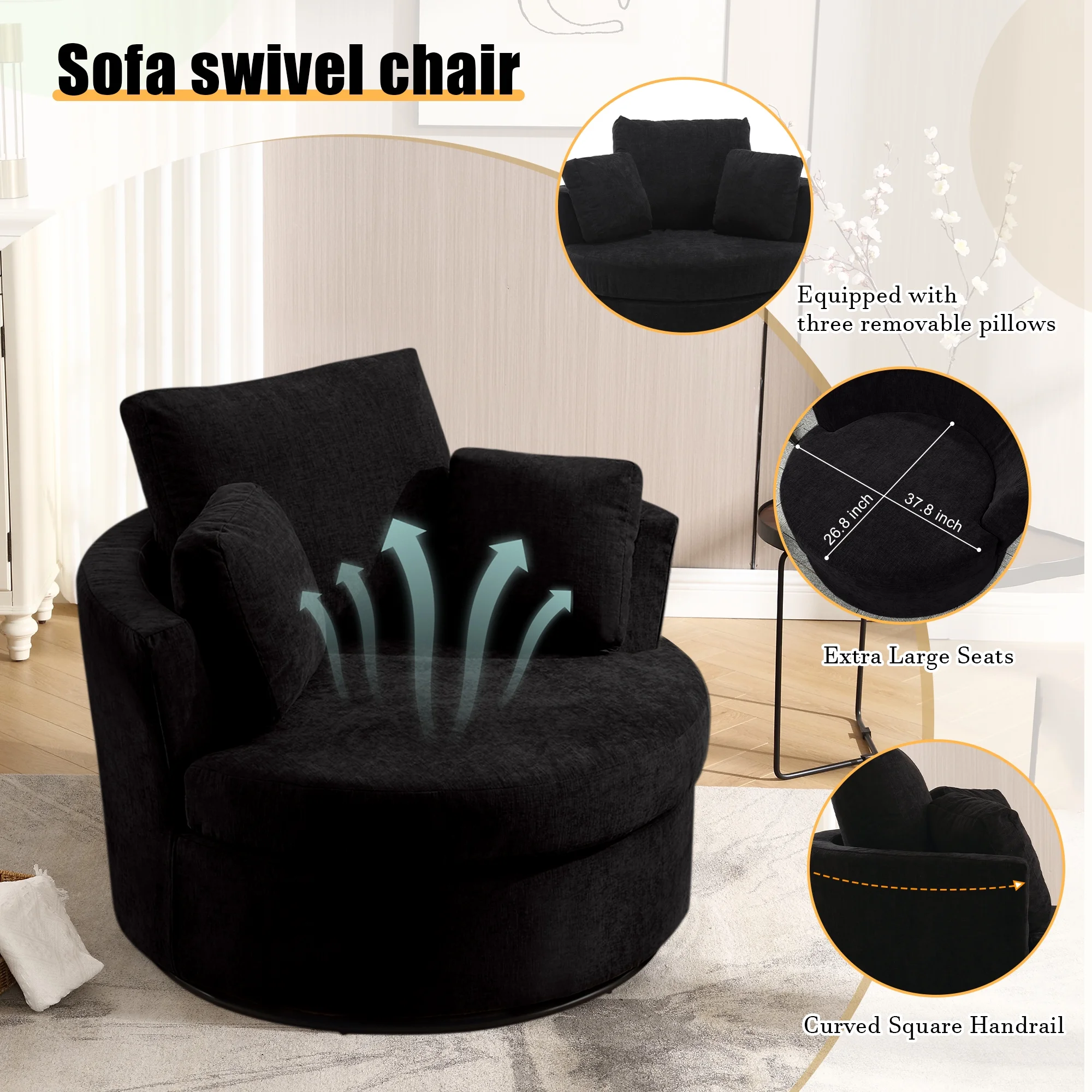 Muumblus Chenille Swivel Accent Chair Barrel Chair, Oversized Comfy Armchair with Pillows, Modern Leisure Sofa Chair for Living Room Bedroom, Black