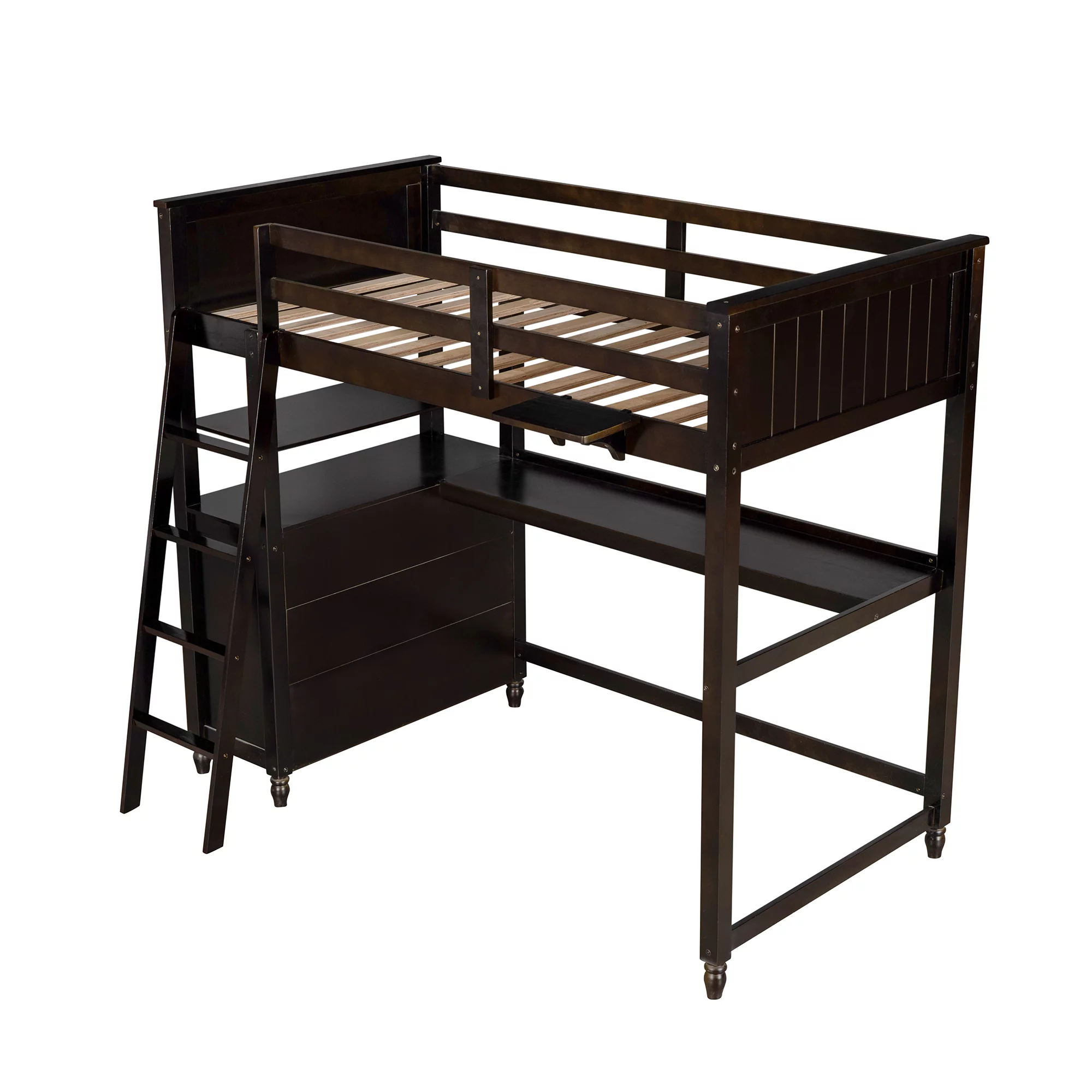 Pine Wood Twin Size Loft Bed with Desk and Shelves, Built-in Drawers, Space-Saving Dorm Apartment Bedroom Loftbed Frame W/Guardrail